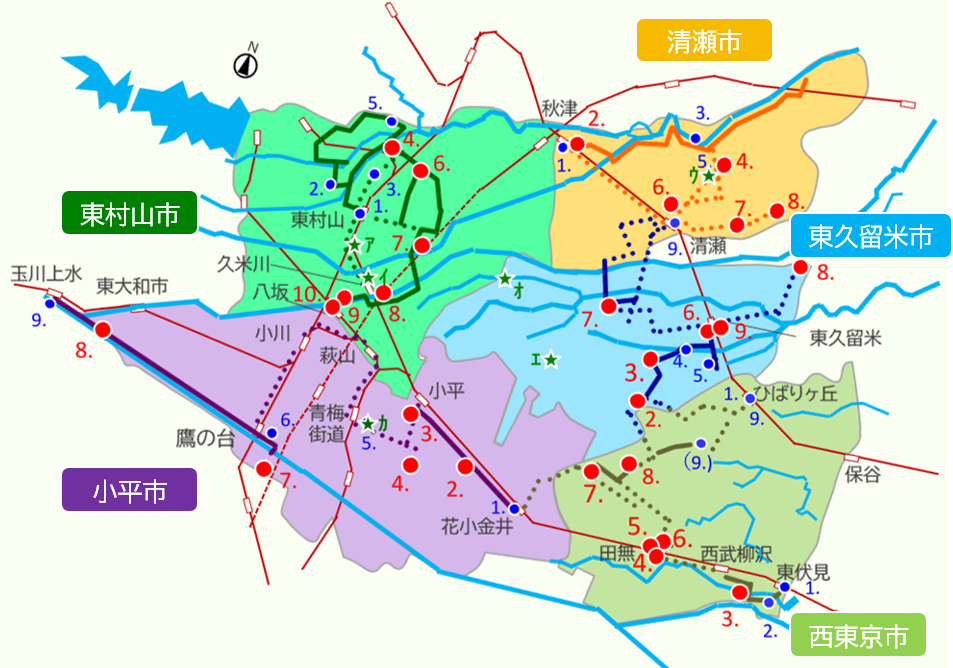 多摩六都をめぐるモデルコースの地図