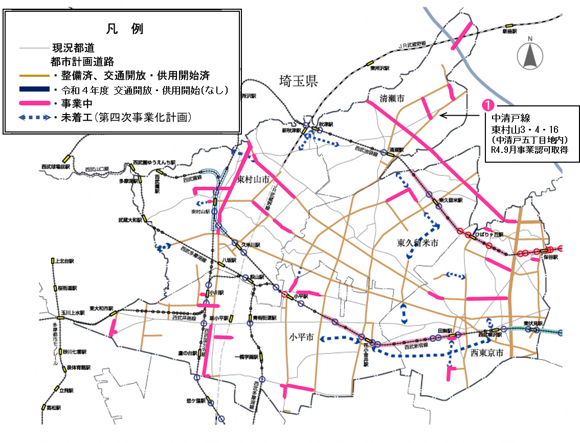 圏域内の都市計画道路の整備状況の図。令和4年4月から令和5年3月まで