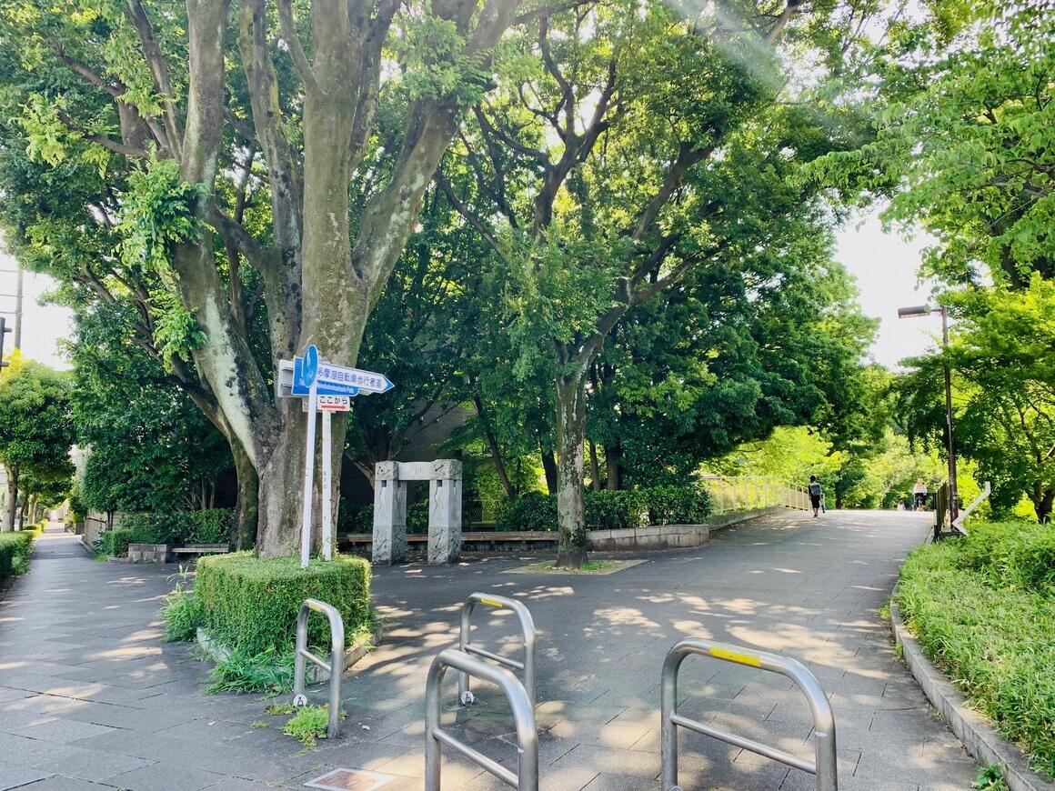 木々に囲まれた広場に、モニュメントや多摩湖自転車歩行者道の起点の標識があり、道が右手奥に伸びている写真