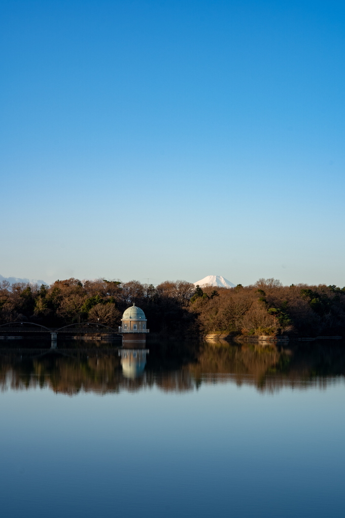 多摩湖堤防と富士山